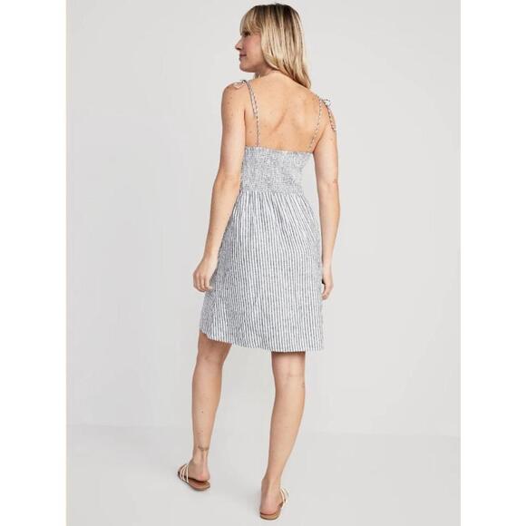 NWT - Old Navy - Fit & Flare Tie Strap Cami Mini Linen Dress - Pinstripe - S - Picture 2 of 13